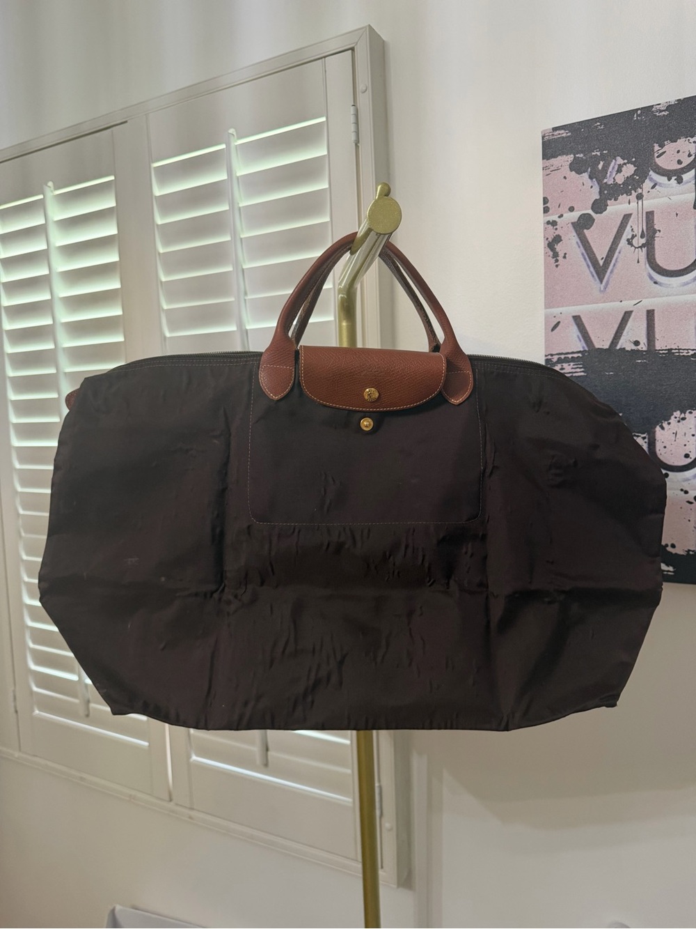 Longchamp Brown Foldable Travel Tote with Brown Leather Trim